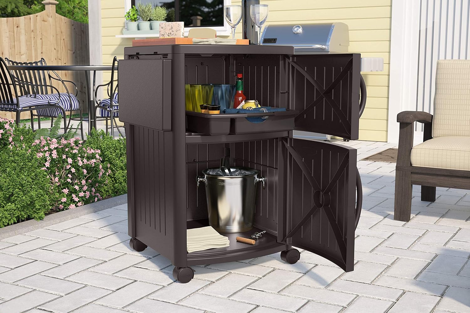 Suncast Outdoor Grilling Prep Station - Portable Outdoor BBQ Entertainment Storage Table Prep Station - Store Grilling Accessories, Condiments - Java: Garden & Outdoor