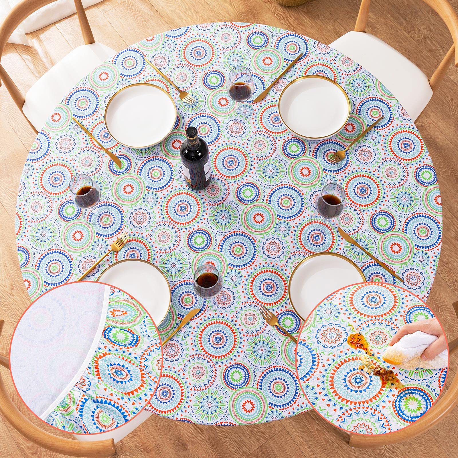 Photo 1 of UMINEUX Round Fitted Vinyl Tablecloth with Elastic Edged & Flannel Backing, Waterproof, Round Table Cover for Indoor Outdoor Patio Use - Fits Tables up to 40" - 44" Diameter(Medallion Pattern)