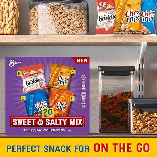 SWEET & SALTY SNACK VARIETY PACK, MUDDY BUDDIES PEANUT BUTTER & CHOCOLATE, CHEX MIX TRADITIONAL, CHEDDAR & HONEY NUT, 35 OZ (20 BAGS)