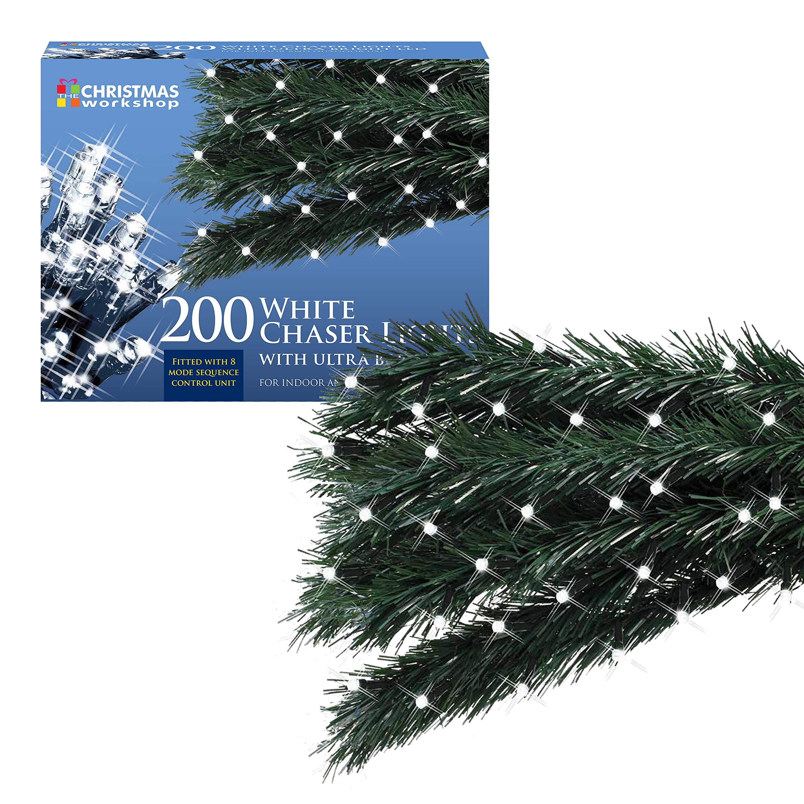 The Christmas Workshop 77470 200 Bright White LED Chaser Christmas Lights / Indoor or Outdoor Fairy Lights / 13.9 Metres / 8 Light Modes / Great For Christmas, Weddings & Gardens — image 1