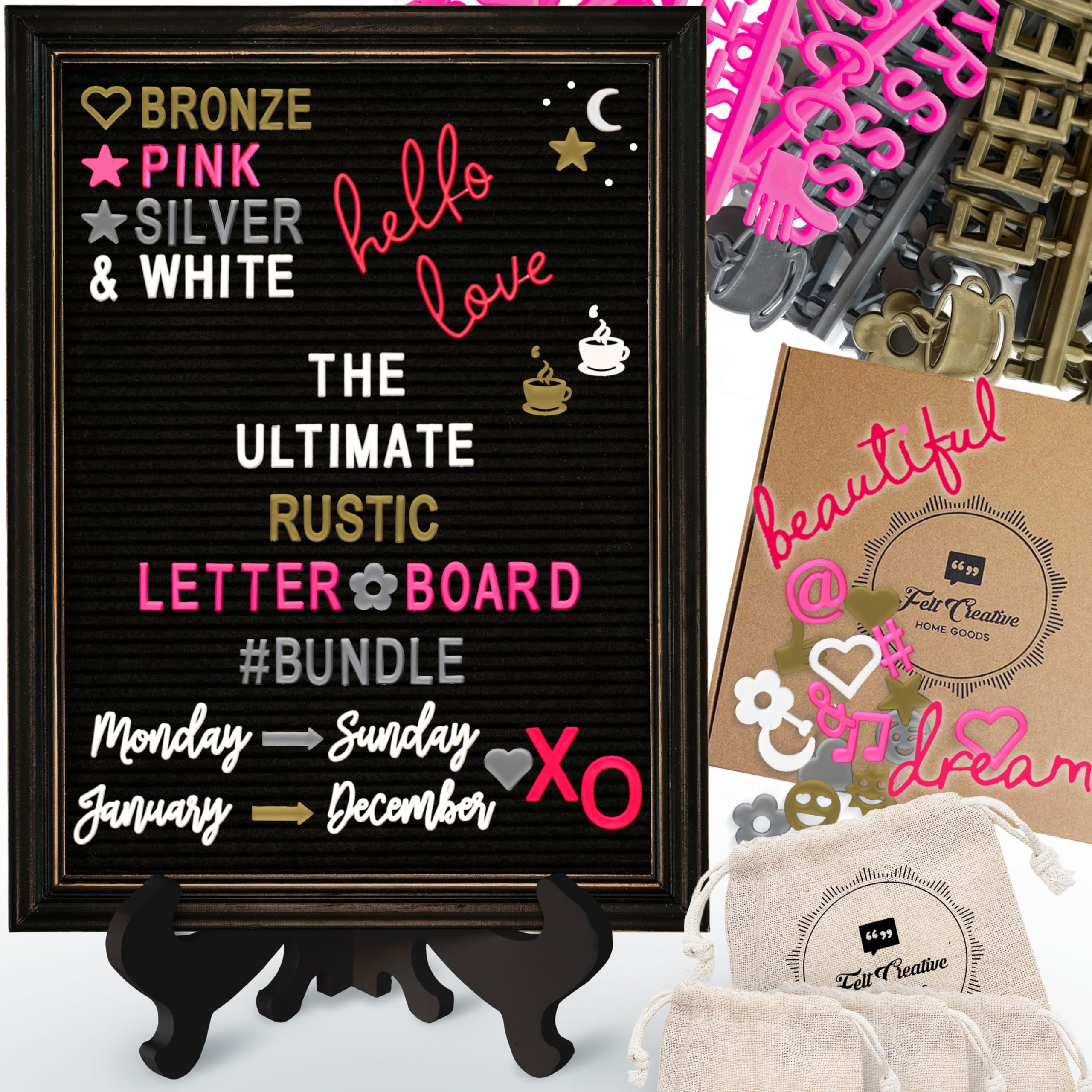 Felt Creative Home Goods Rustic Felt Letter Board Ultimate Bundle Farmhouse Vintage Dark Wood Frame and Stand Changeable Message Memo Board 800+ Letter Set and Custom Easel (Black, 12x16 Inches)