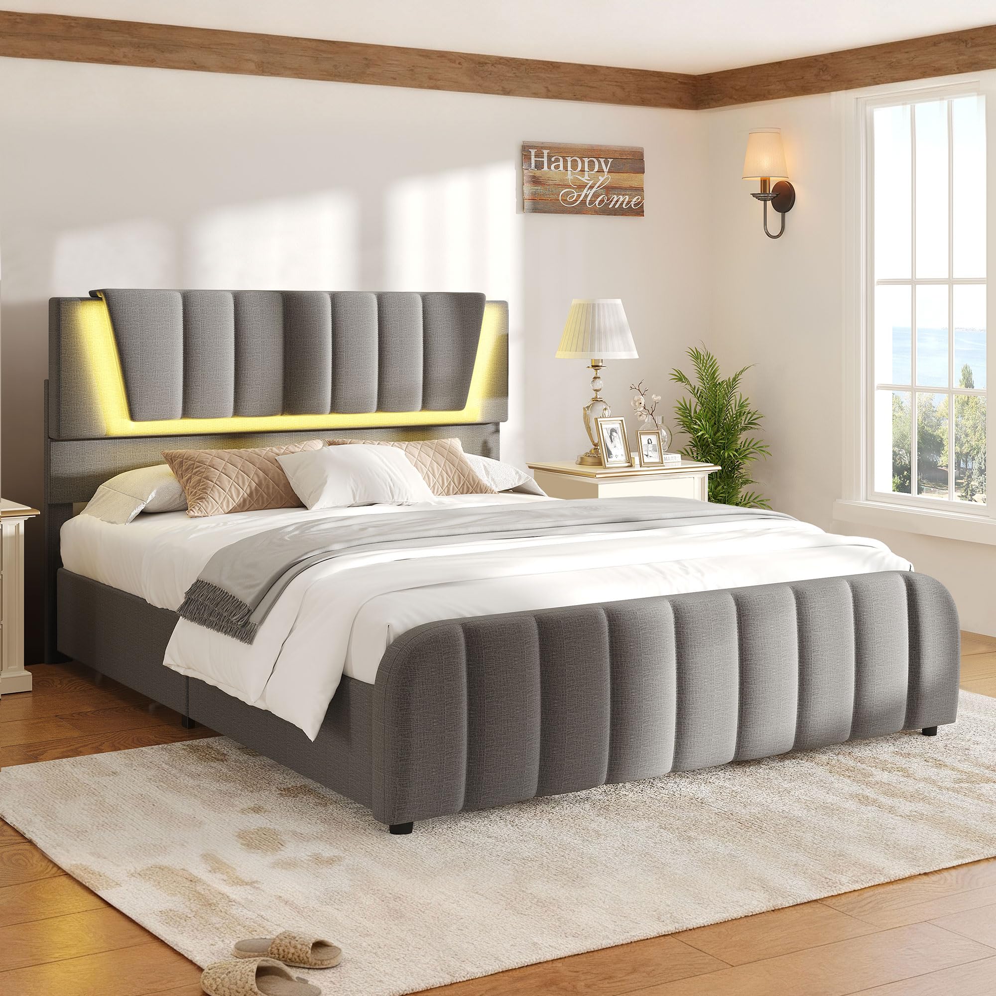 Photo 1 of ***SET INCOMPLETE*** JUST BOX 1 ONLY***

Decofy Full Size LED Platform Bed Frame with Soft-Glow Mood Lighting & Adjustable Upholstered Headboard, Modern Linen Bed with Storage Drawers, Heavy Duty Metal Support, No Box Spring Needed, Grey