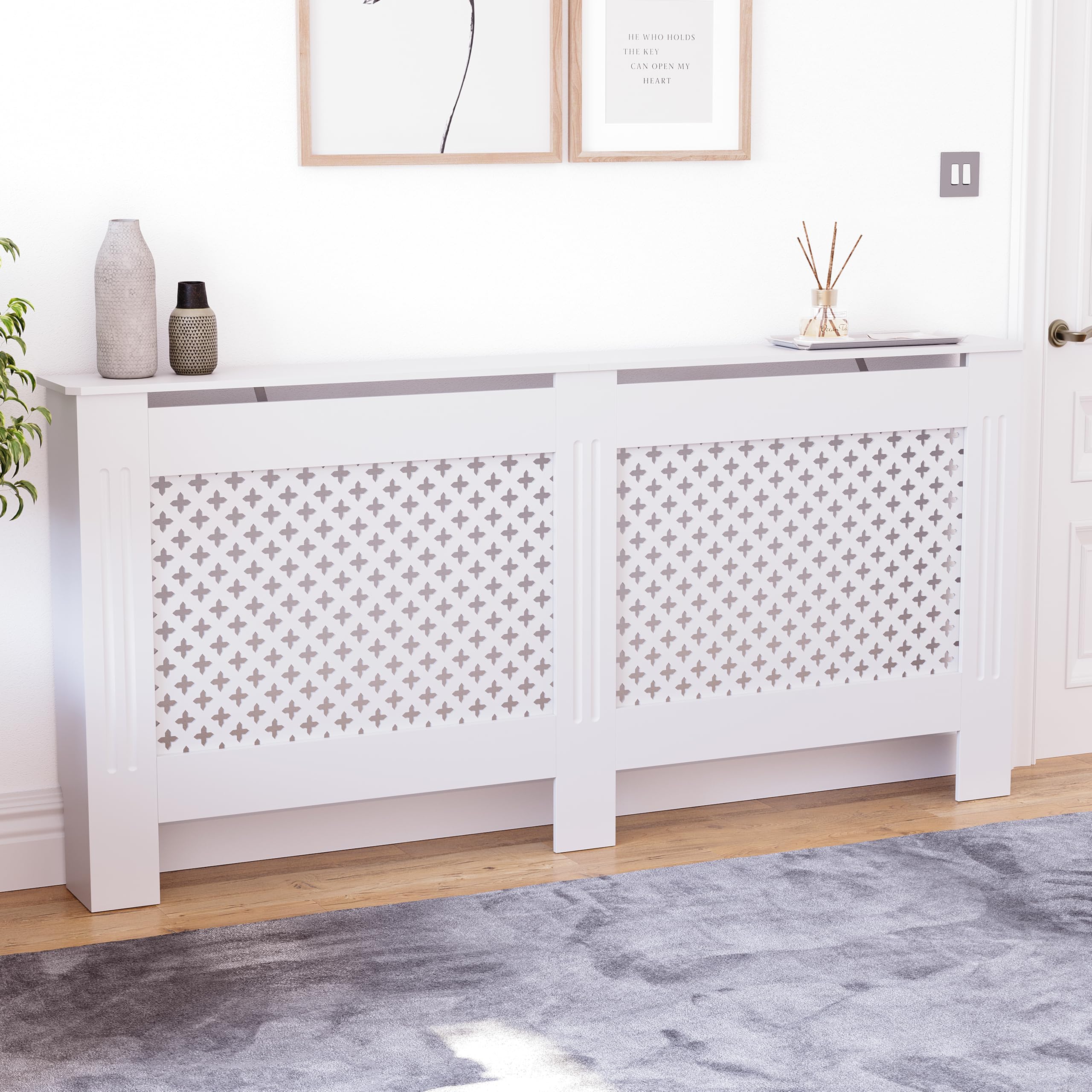 Vida Designs Oxford Radiator Cover White - Extra Large - Traditional Cross Pattern Design For Optimal Heat Circulation - H82xW172xD19cm - Painted MDF Cabinet Ideal For Living Room & Hallway