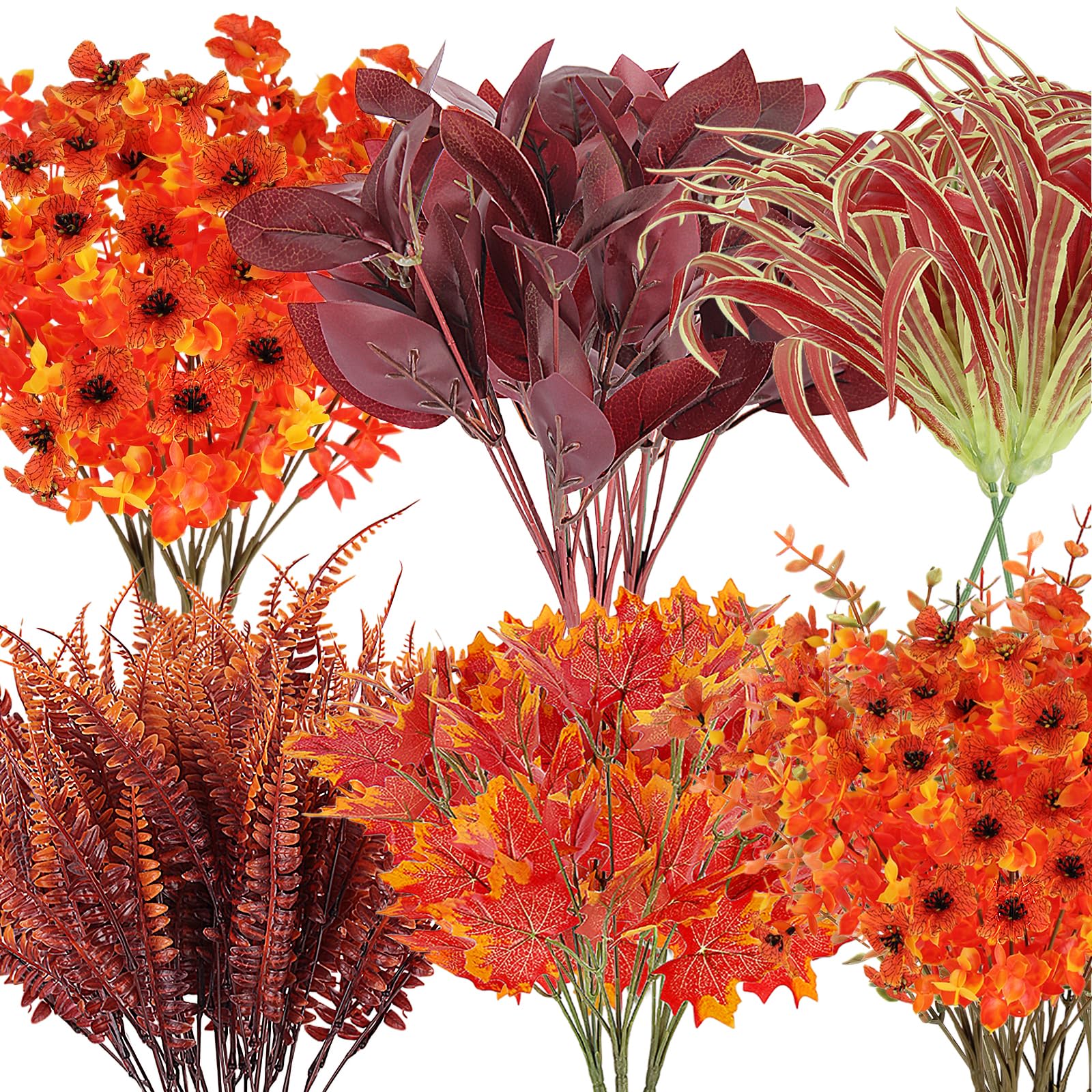 Photo 1 of 16 Bunches Fake Flowers Plants for Outdoors Fall Decor Artificial Flowers UV Resistant Boxwood Faux Autumn Orange Mums Maple Leaves Ferns for Thanksgiving Patio Garden Porch Window Box Planter