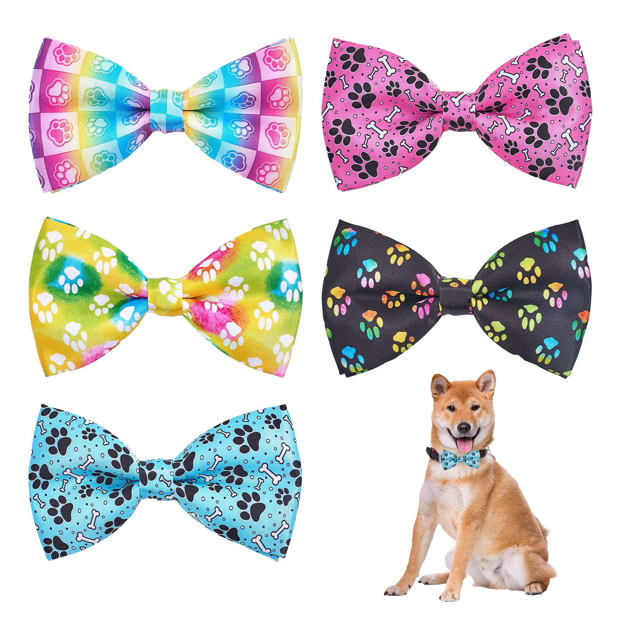 JpGdn 5pcs Paw Pattern Small Dog Bow Ties for Medium Dogs Puppies Rabbit Cat Detachable Bowties with Elastic Bands Attach to Collar Pet Grooming Collar Attachment Accessories