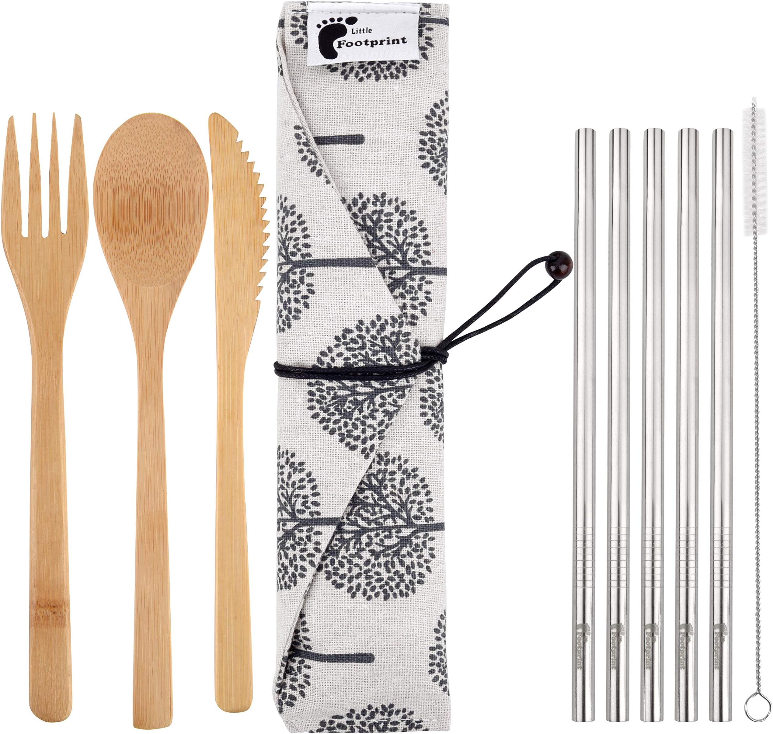 Bamboo Travel Utensils and Reusable Straws - Set with Carrying Case Holder by Little Footprint (Grey)