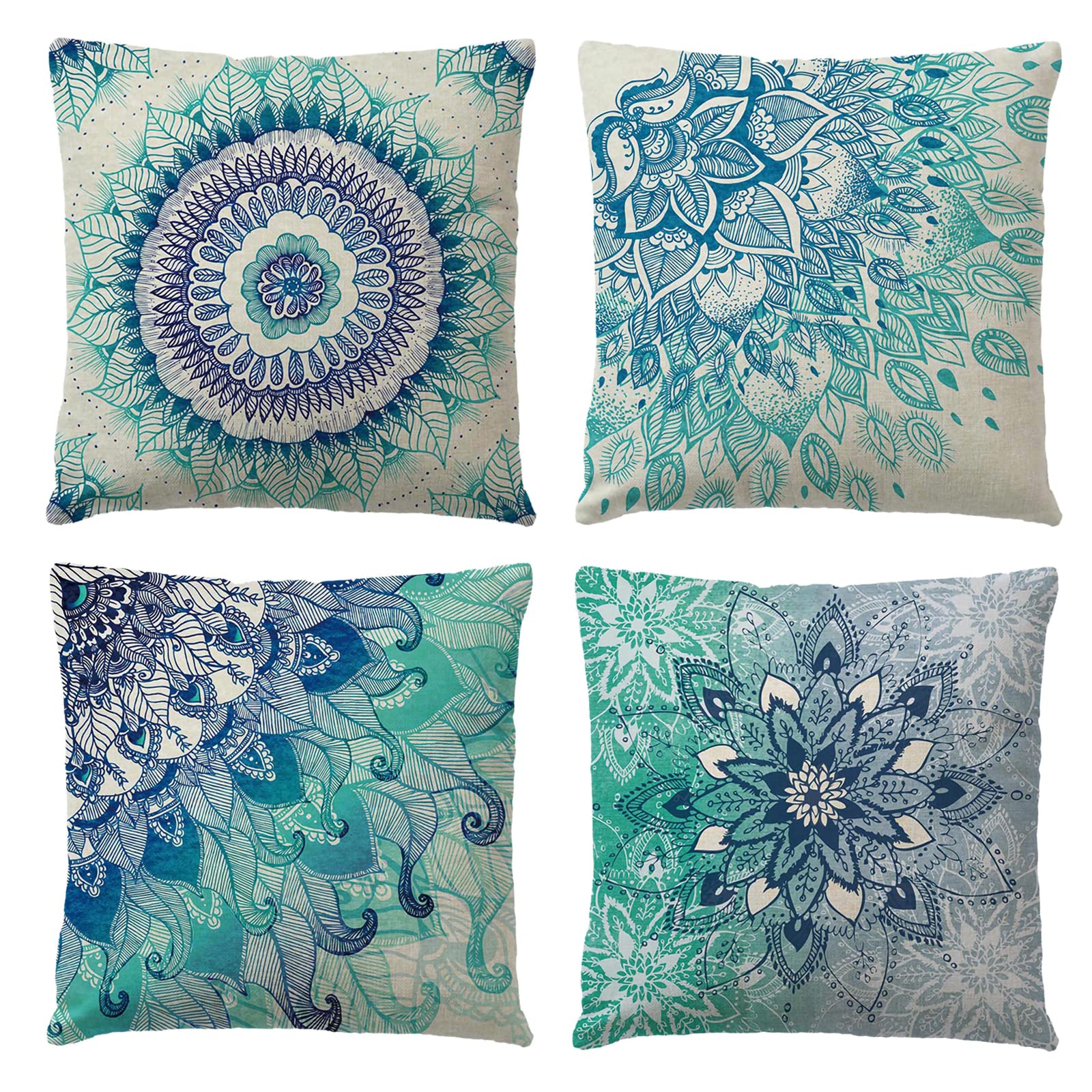 OCEUMACO Linen Cushion Covers 45 x 45 cm Sofa Living Room Set of 4 Square Mandala Boho Throw Pillow Cases 18x18 Outdoor Decorative Ethnic Floral Pillowcases Cushions Cover - Teal Green
