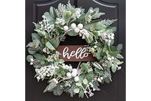 Winter Wreaths Front Door, Soomeir 24 Inch Winter Door Wreath with Snow Leaves, Pines Needles and Hello Wooden Sign for Home Window Mantle Indoor Outdoor Decor