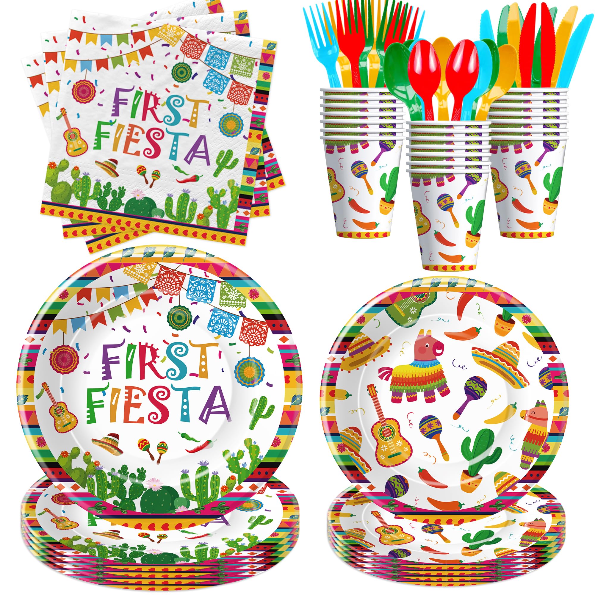 Photo 1 of APOWBLS Fiesta 1st Birthday Party Supplies - First Fiesta Birthday Decorations Tableware, Paper Plate, Cup, Napkin, Cutlery, Cactus Mexican Cinco De Mayo Taco One Year Old Decorations | Serves 24