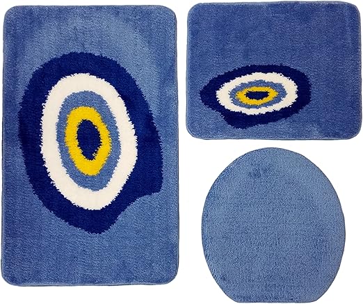 Ilkadim Badgarnitur 3 Teilig Blau Weiss Motiv Nazar Schutzendes Auge Badteppich Mit Wc Vorleger Fur Hange Wc 80 X 50cm Grosse Matte 50x40cm Kleine Matte Amazon De Kuche Haushalt
