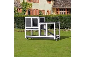 Lifeand 43''L Removable Tray Ramp Wooden Outdoor Rabbit Hutch Small Animal Coop with Running Cage with Enclosed Run with Wheels, Ramp, Removable Tray Ideal,Gray