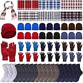 Suhine 72 Pcs Winter Hats Gloves Scarves Socks Set, Touchscreen Gloves Unisex Beanies Plaid Scarf for Women Men Homeless