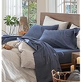 MooMee Bedding Sheet Set 100% Washed Cotton Linen Like Textured Breathable Durable Soft Comfy (Heathered Blue, Queen)
