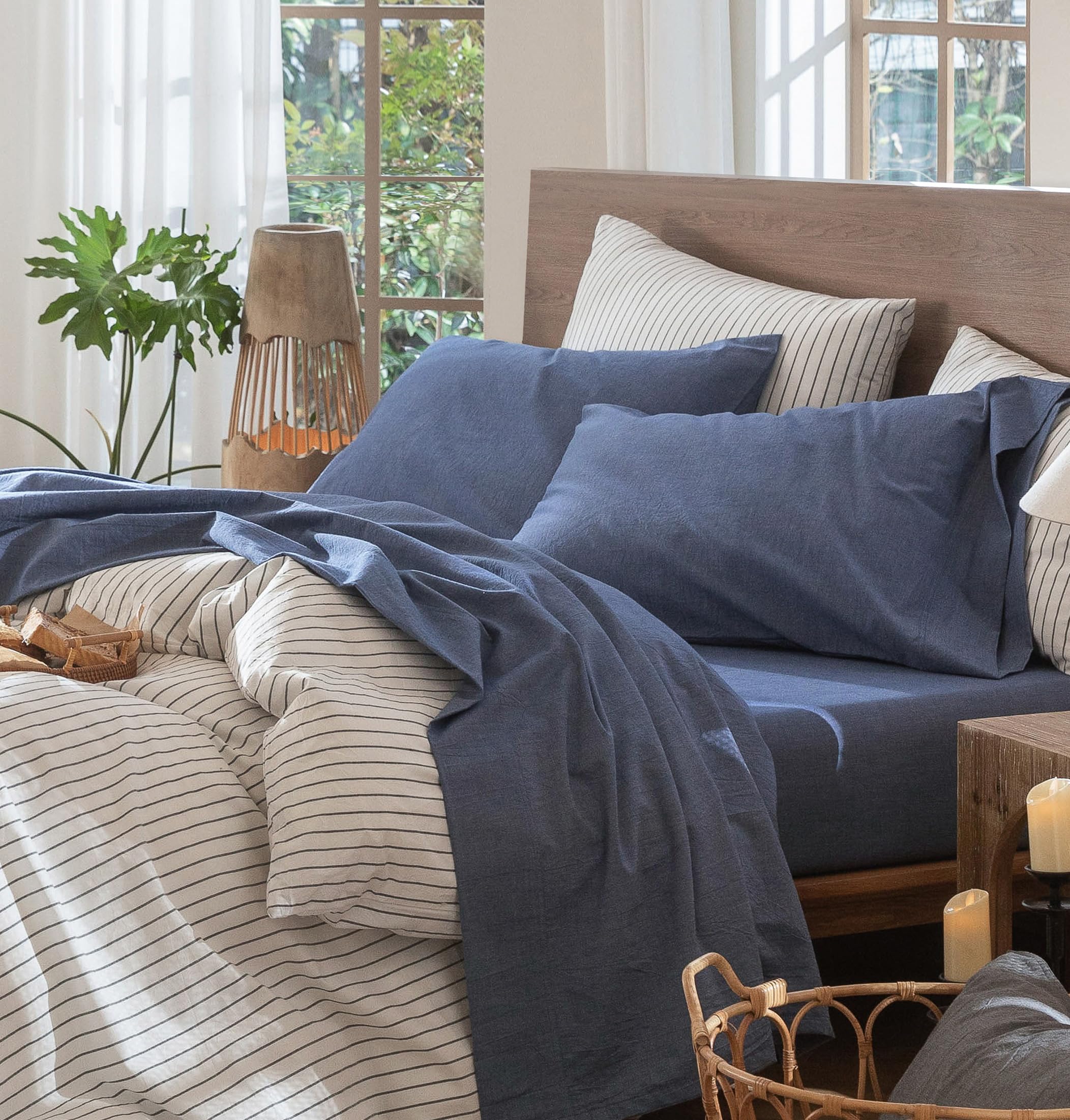 Photo 1 of MooMee Bedding Sheet Set 100% Washed Cotton Linen Like Textured Breathable Durable Soft Comfy (Heathered Blue, Full)