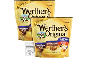 Werther's Original Sugar Free Assorted Candy Pack of 2 Bags of Hard Candy (7.7oz Each) - 3 Flavors: Coffee, Chocolate, Caramel - Bundle with Ballard Products Pocket Bag