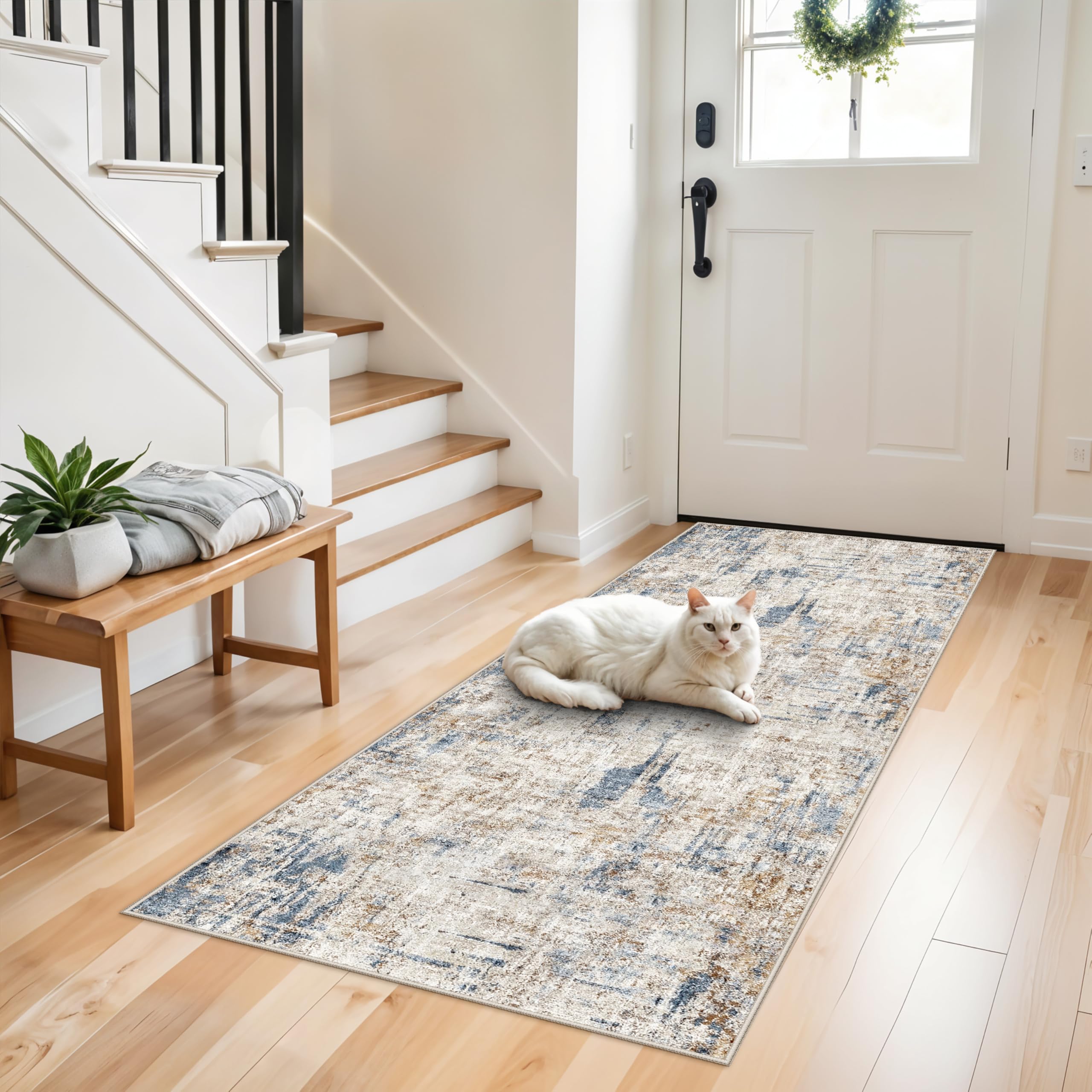 2x6 Washable Non-Slip Hallway Runner Rug – Modern Abstract Soft Carpet Runner for Kitchen, Bedroom with Rubber Backing – Low-Pile Thin Stain-Resistant Rug for Laundry Room, Entryway（Blue Brown） Image