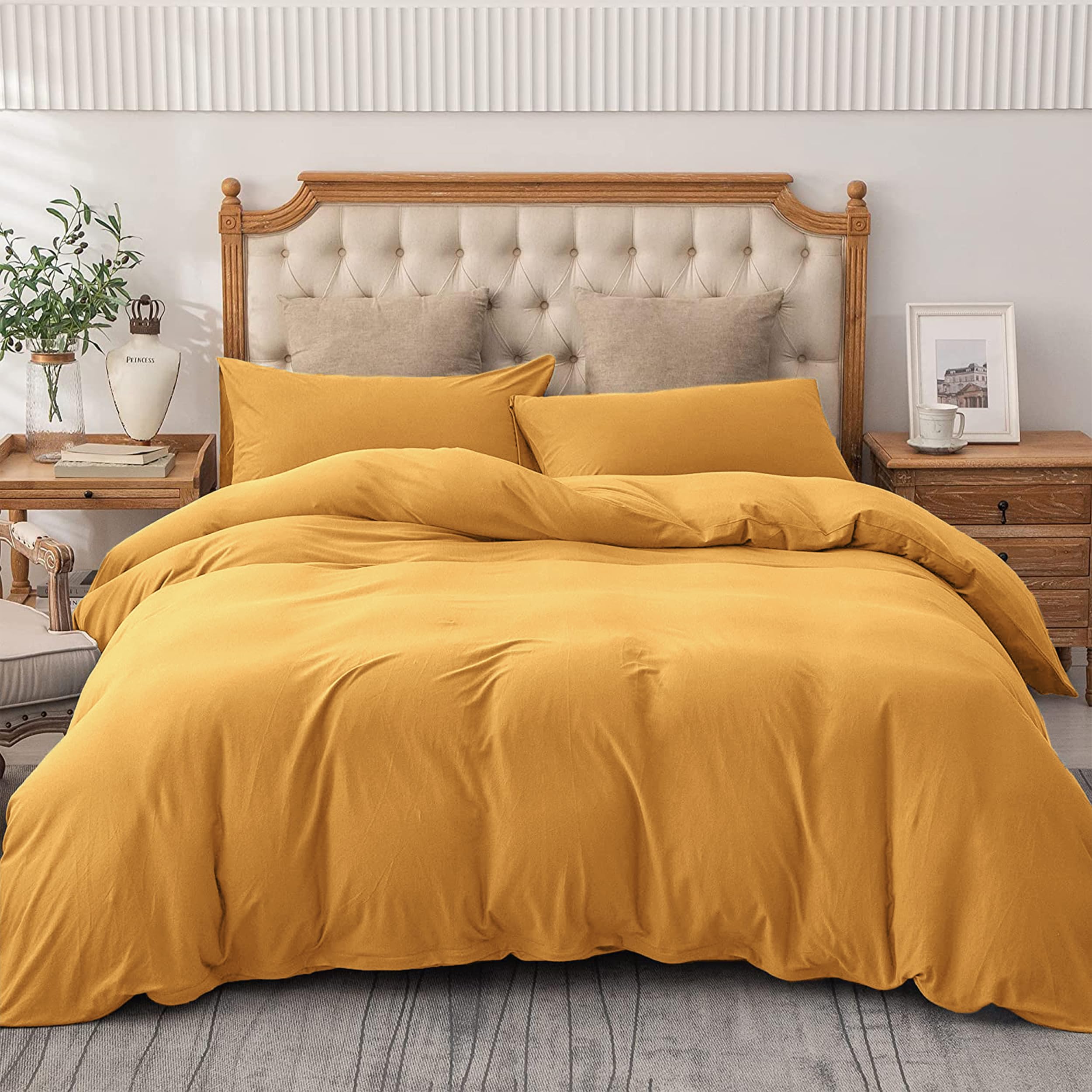 AMEHA Double Duvet Set 3 PCs Plain Dyed Quilt Bedding with Pillowcases Breathable Soft Brushed Microfibre Bed Set Ochre
