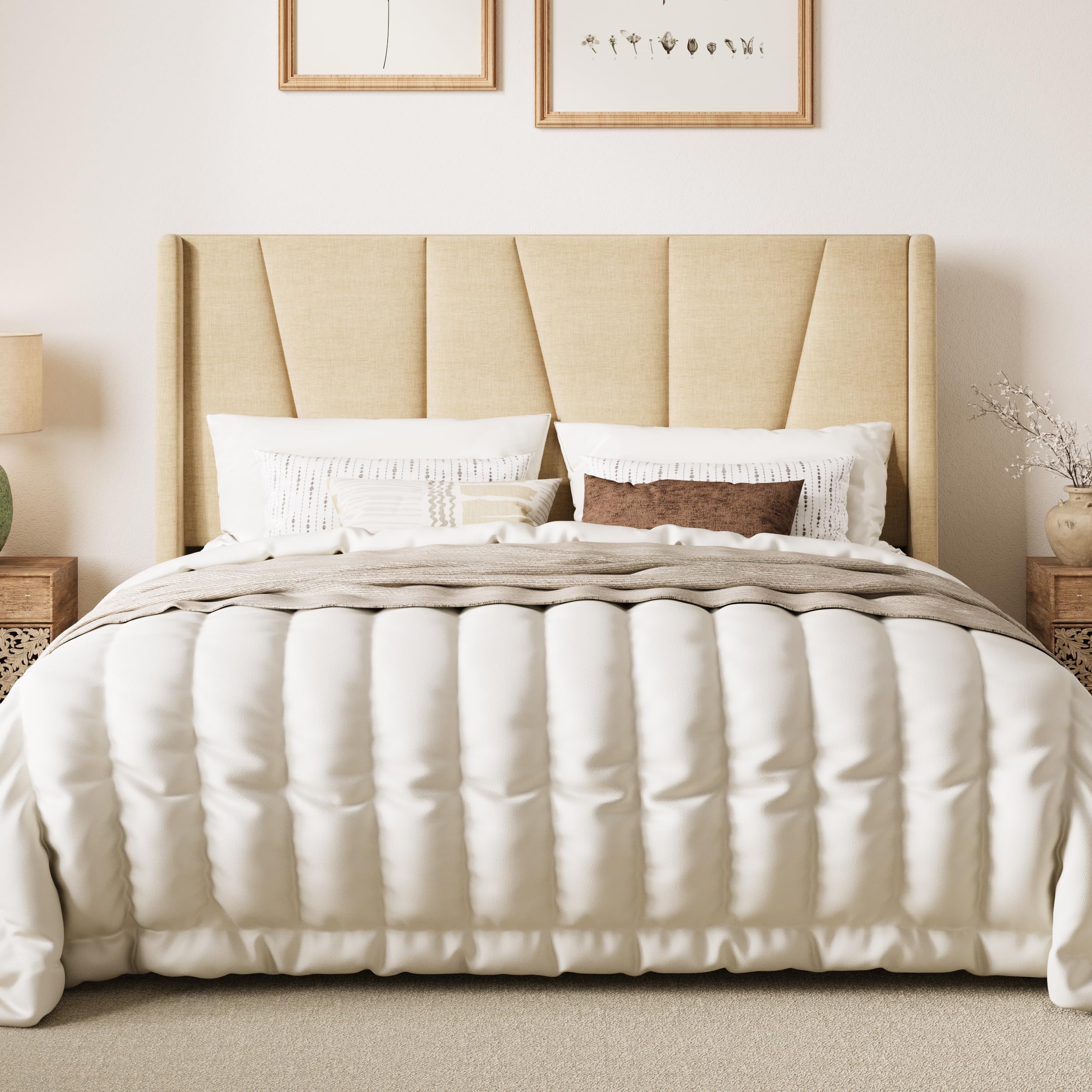 SHA CERLIN Full Size Bed Frame with Geometric Wingback Headboard, Upholstered Platform Bed with Wooden Slats Support, 8" Under-Bed Space, No Box Spring Needed, Easy Assembly, Beige Image