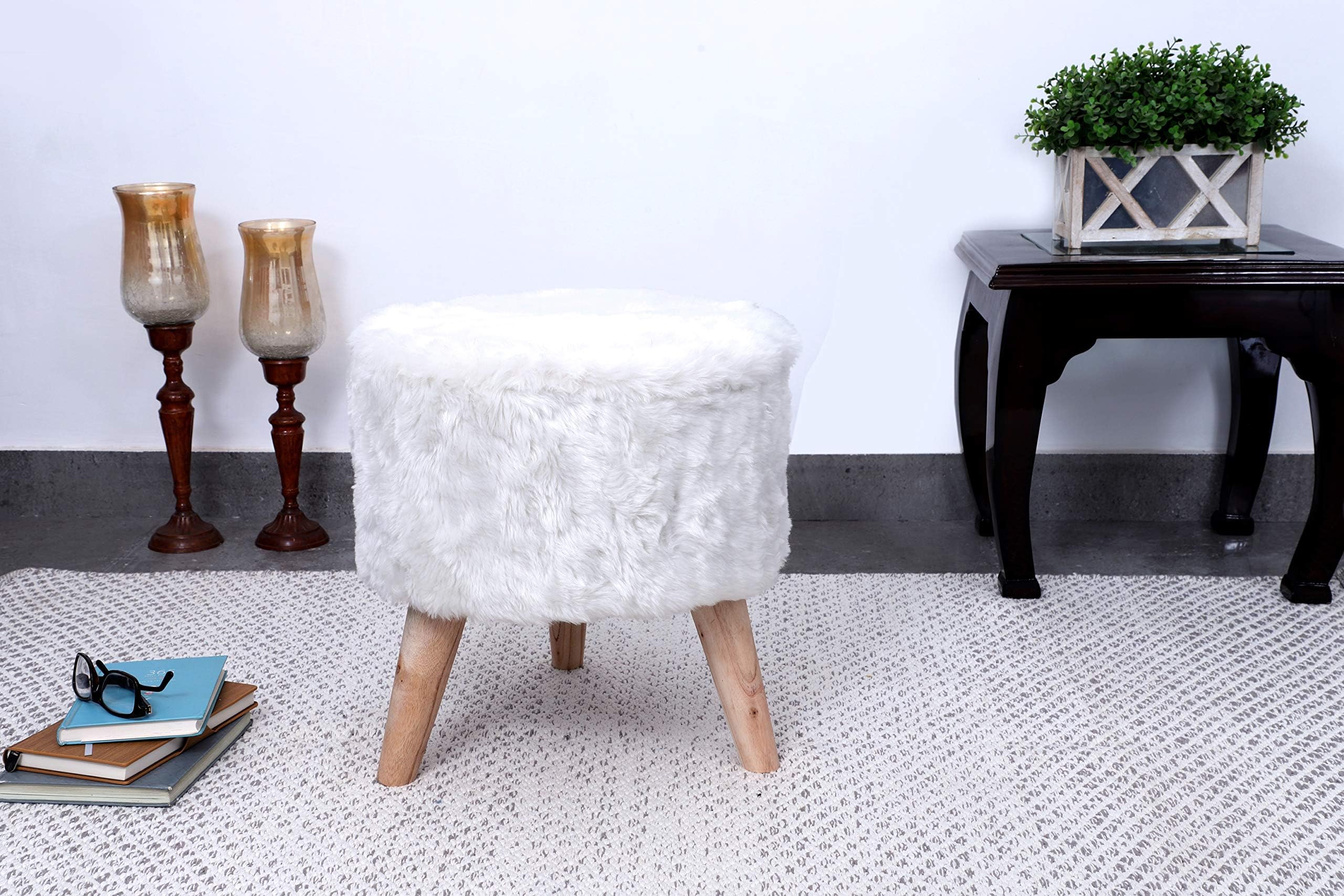 Fernish Decor Faux Fur Round Foot Stool Ottoman, 3 Wooden ice-Cream Cone Legs, 44x44x45 cm, Living Room Bedroom Footstool (White, Pack of 1)