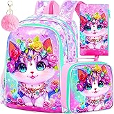 FTJCF 16" Cat Backpack for School, Girls Kids Bookbag with Lunch Box，3Pcs Backpacks for Elementary Preschool Kindergarten (Pink)
