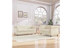 Tbfit Chesterfield 2 Piece Living Room Sectional Sofa Set with Rolled Arms, Classic Button Tufted Sofa with Nailhead Trim, Upholstered Chesterfield Couch with Gourd Wooden Legs, Bedroom, Beige