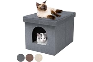 Pathosio Pets Cat Bed - Spacious & Foldable Cat House, Sturdy Cat Furniture, Indoor Cat Accessories - 3-in-1 Cat Cave, Footstool, & Bench, Up to 200 Lbs Capacity - Small, Grey