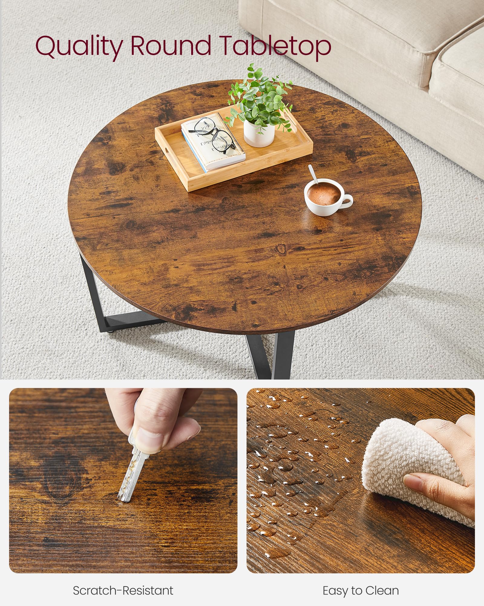 VASAGLE ALINRU Round Coffee Table, Industrial Style Cocktail Table, Durable Metal Frame, Easy to Assemble, for Living Room, Rustic Brown ULCT88X 39.4 x 21.7 x 17.7 Inches