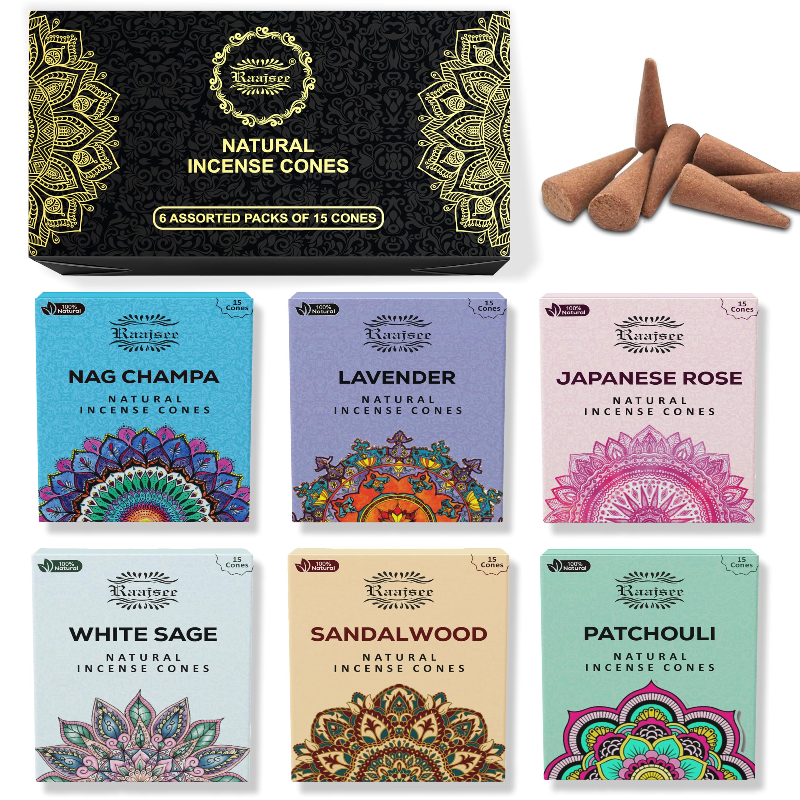 Raajsee Natural Incense Cones,6 Pack Mixed Scents Gift Pack 15 pc Each (90 Total), Insense Cones Variety Pack, 100% Organic Non Toxic Natural - Hand Rolled Free from Chemicals (PACK 1)