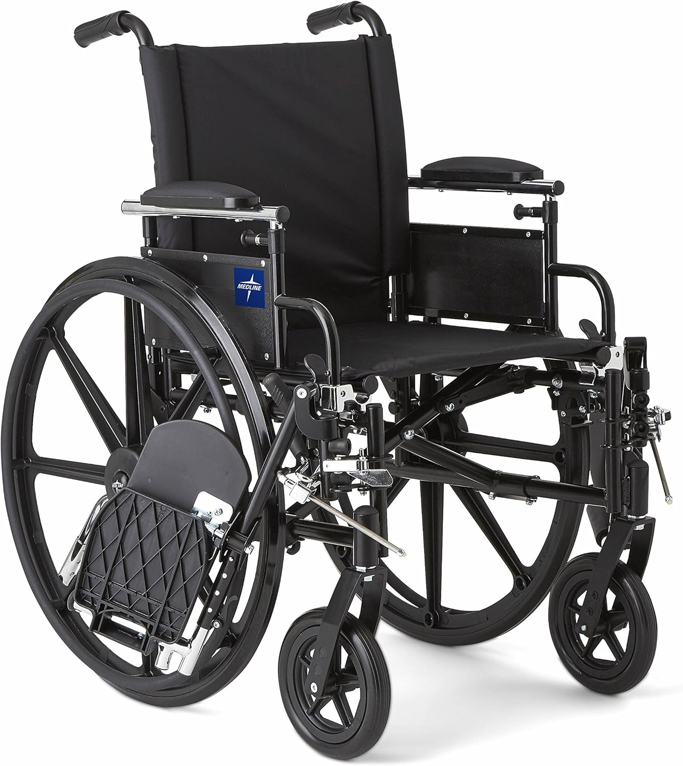 Medline Robust and Rugged Wheelchair with Flip-Back Desk Arms, Removable Elevating Leg Rests and Anti-Tippers, Black, 18" Seat: Health & Personal Care