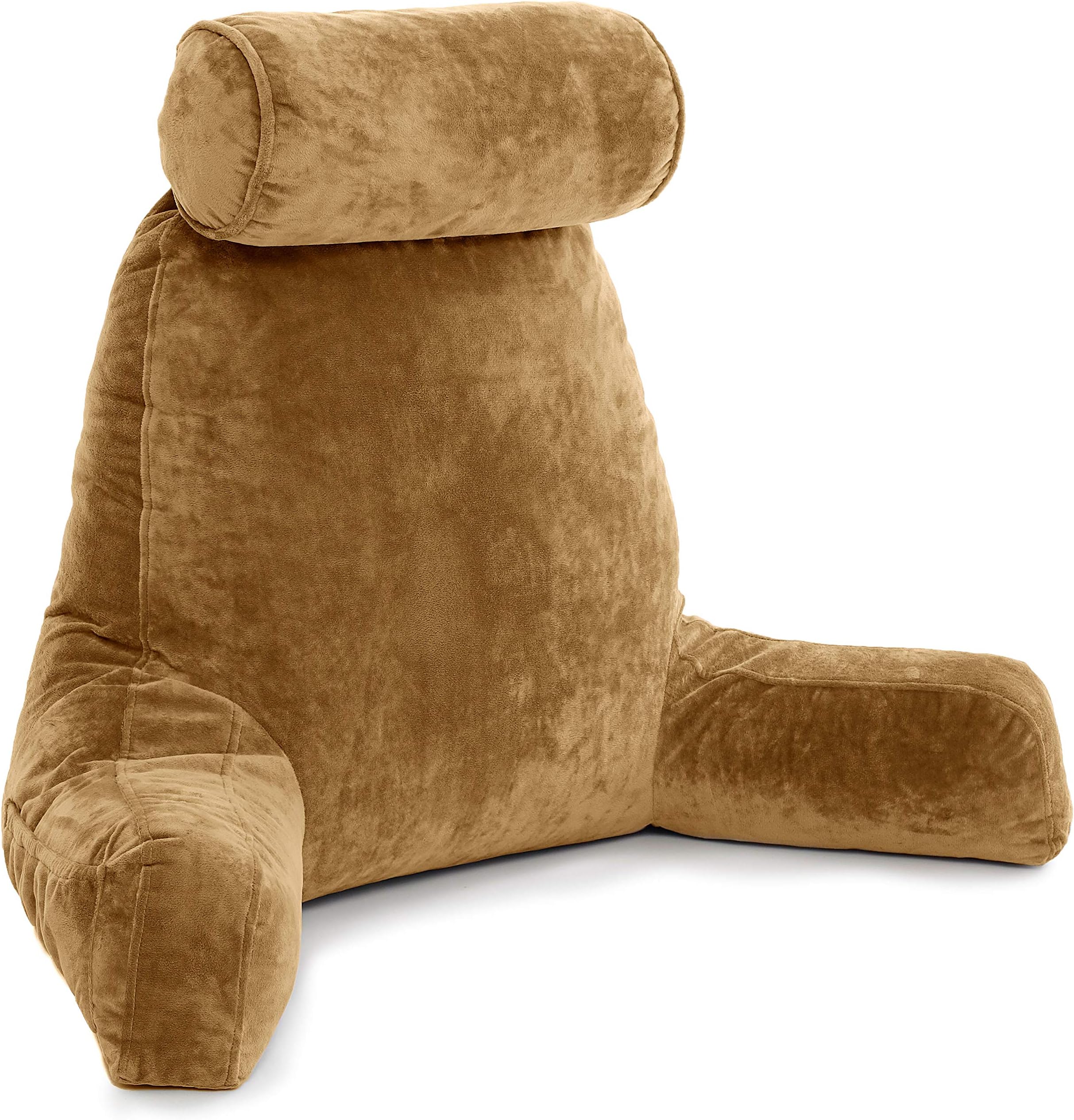 Husband Pillow XXL Tan Backrest with Arms - Adult Reading Pillow Shredded Memory Foam, Ultra-Comfy Removable Microplush Cover & Detachable Neck Roll, Unmatched Support for Bed Rest Sit Up Pillow