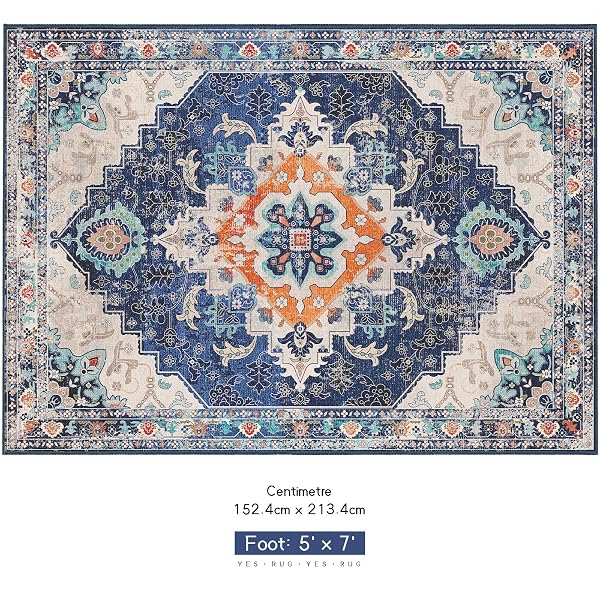 YESRUG 5X7 AREA RUGS BLUE BOHO RUGS FOR LIVING ROOM WASHABLE VINTAGE RUG NON-SLIP LARGE RUG FOR BEDROOM DINING ROOM LOW PILE INDOOR DISTRESSED THIN CARPET