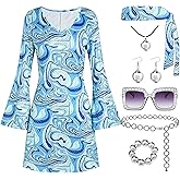 Deerjoke 70s Disco Outfit Women, 7 PCS 70's Disco Dress Costume Hippie Clothes Accessories Jewelry Halloween
