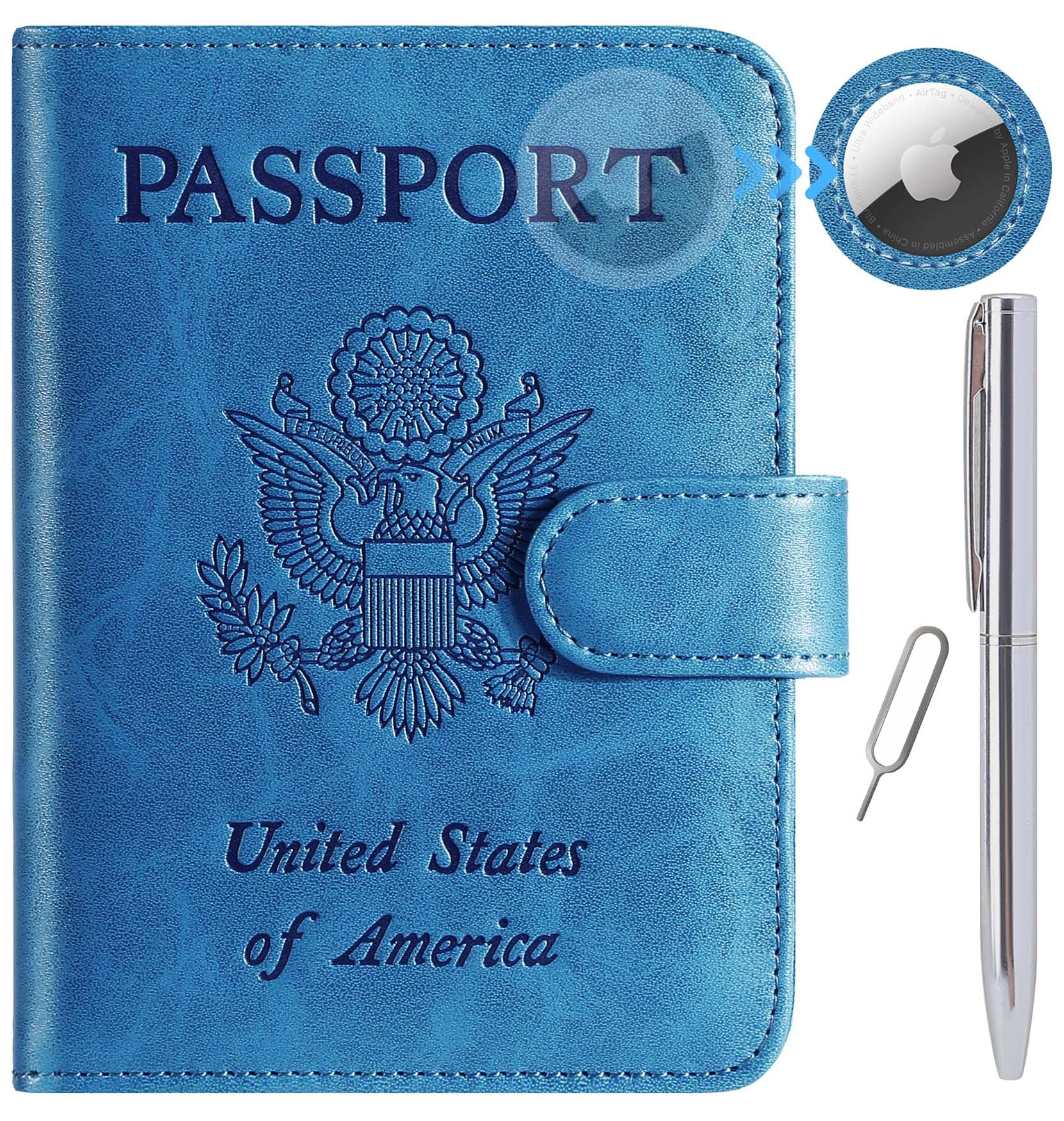 Airtag Passport Holder Cover Wallet RFID Blocking Leather Case Travel Essentials Luggage Accessories Travel Must Have(118#Blue)