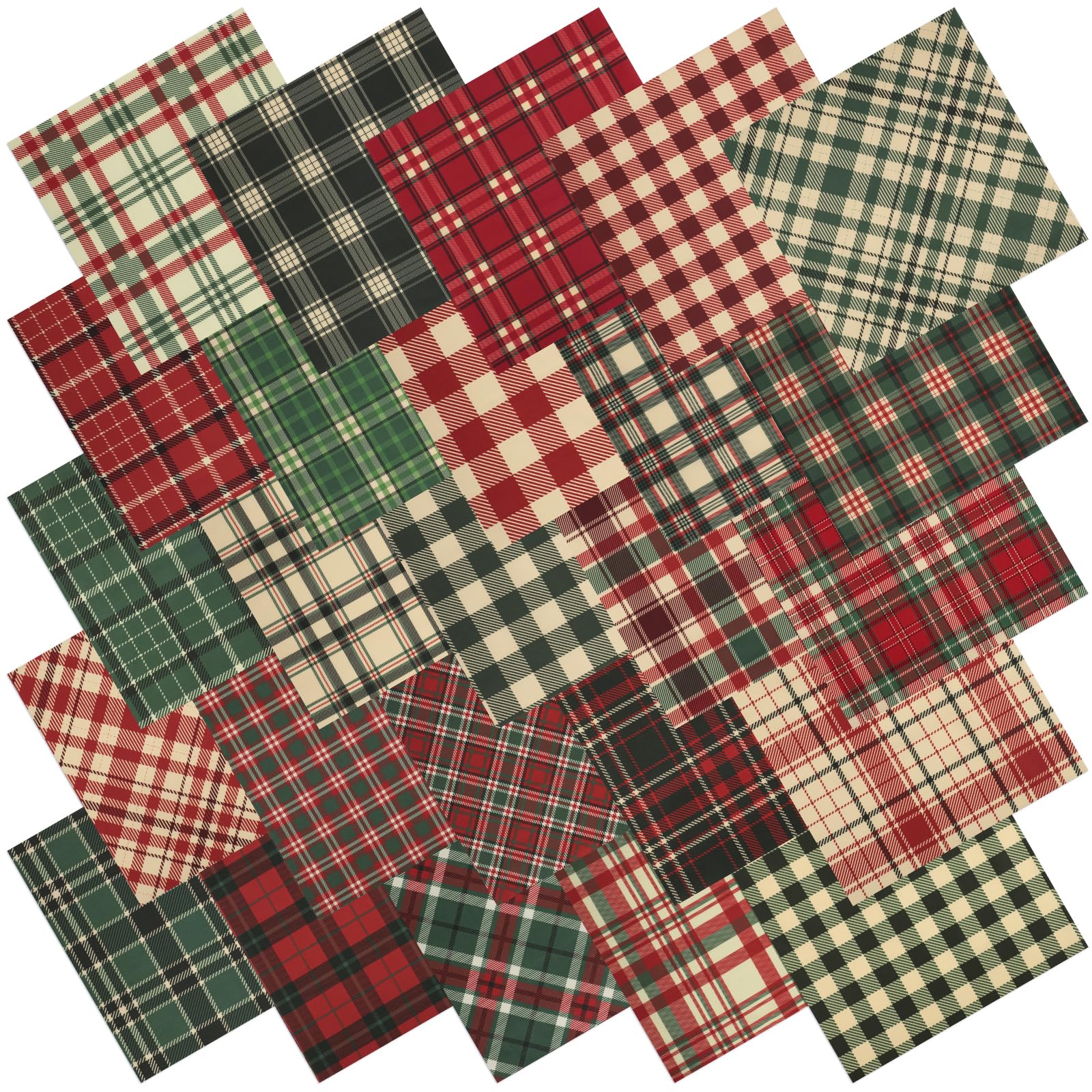 25 Pcs Christmas Plaid Quilting Fabric Square, 10 x 10 Inch Cotton Precut | 25 Assorted Christmas Gingham Fabric Bundle Vinta