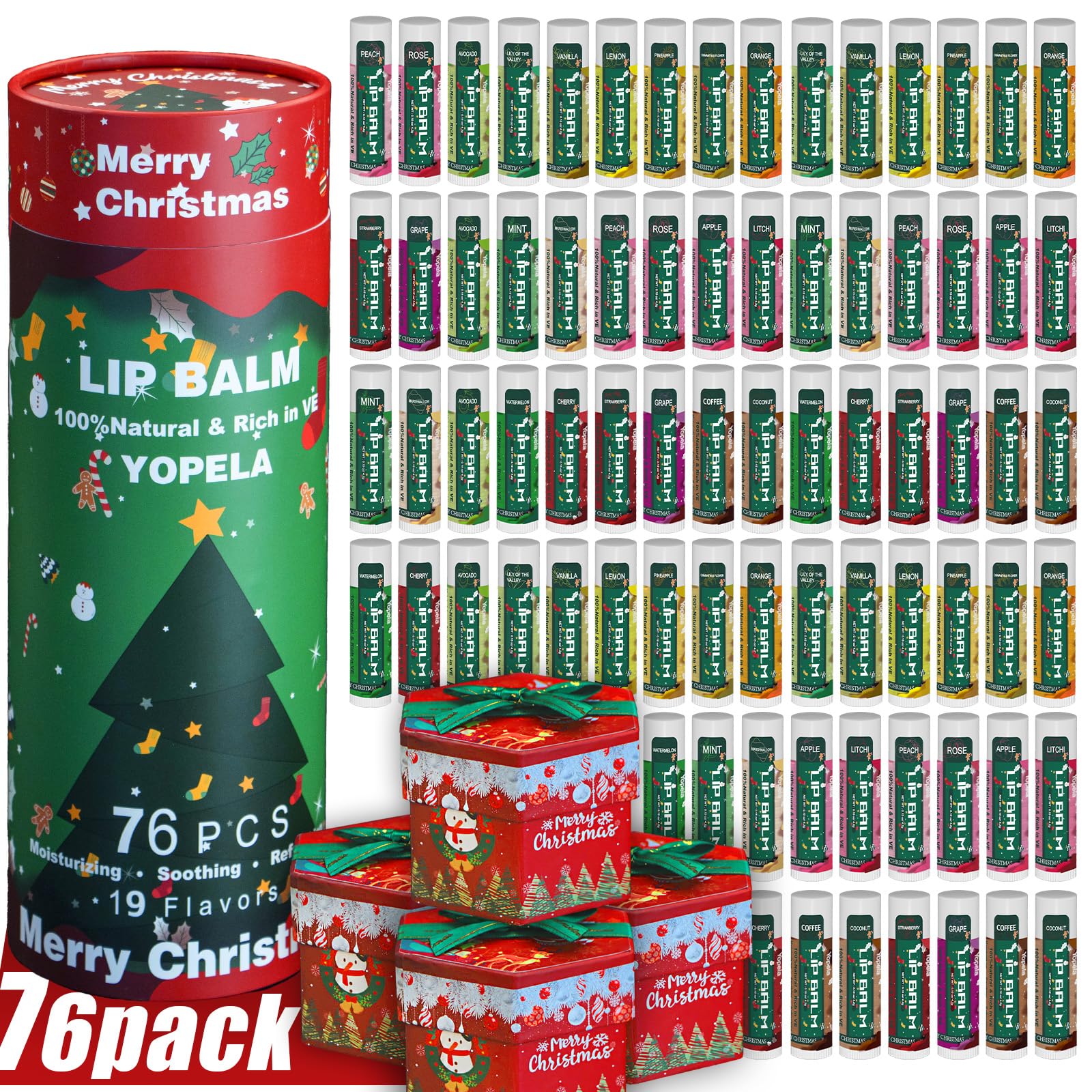 Yopela 76 Pack Christmas Natural Lip Balm Bulk with Vitamin E and Coconut Oil Lip Care Set - Moisturizing, Soothing, and Repairing Dry and Chapped Lips - 19 Flavors - Non-GMO Image