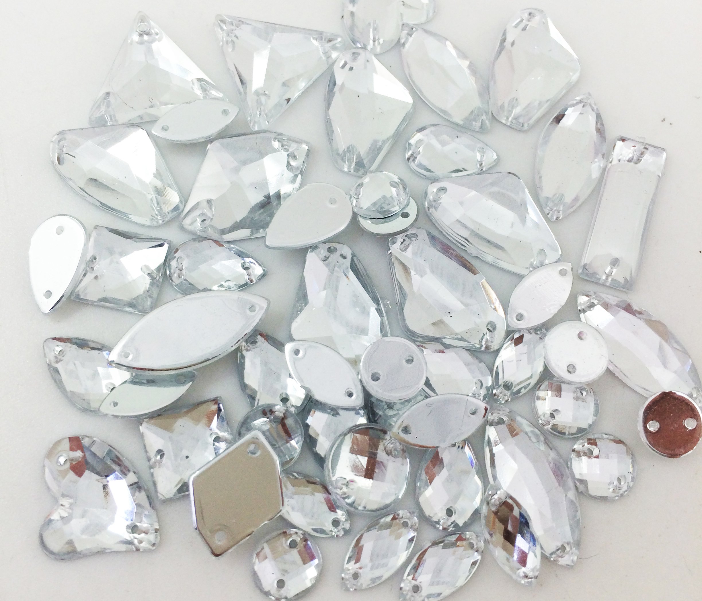 PEPPERLONELY 50PC Clear Sew On Mixed Shape & Size Flat Back Faceted Acrylic Crystals Rhinstones, 7~21mm