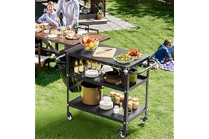 Xilingol Outdoor Grill Cart, Pizza Oven Stand Table with Wheels for Outside Patio, Heavy Duty Movable Outdoor Cooking Prep Table BBQ Cart for Backyard, Camping and Parties