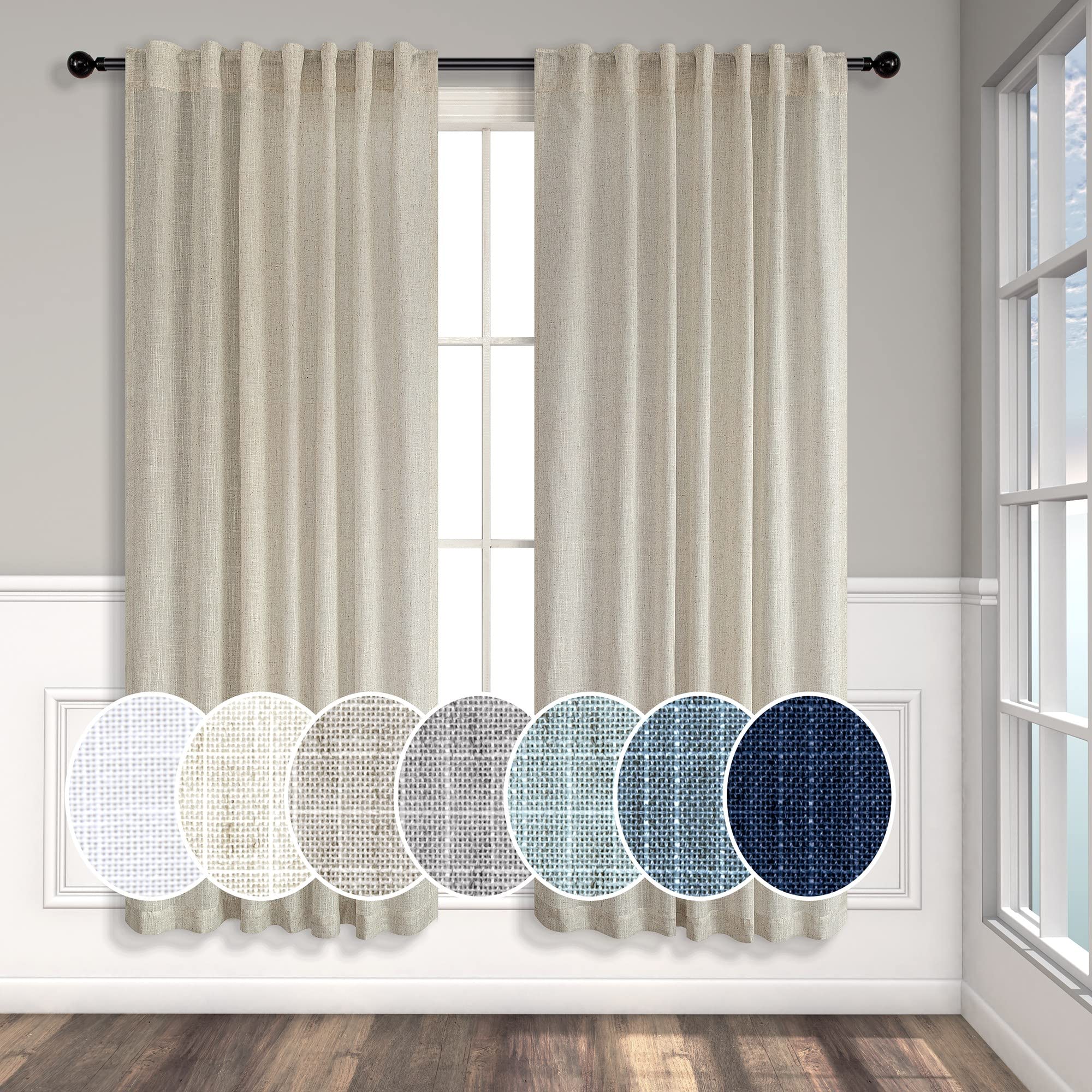 Photo 1 of Beige Curtains 63 Inch Length for Bedroom Set of 2 Panels Back Tab Rod Pocket Sheer Linen Light Filter Neutral Rustic Farmhouse Curtains for Dining Room Bay Picture Window Country Decor 52x63 Long Tan