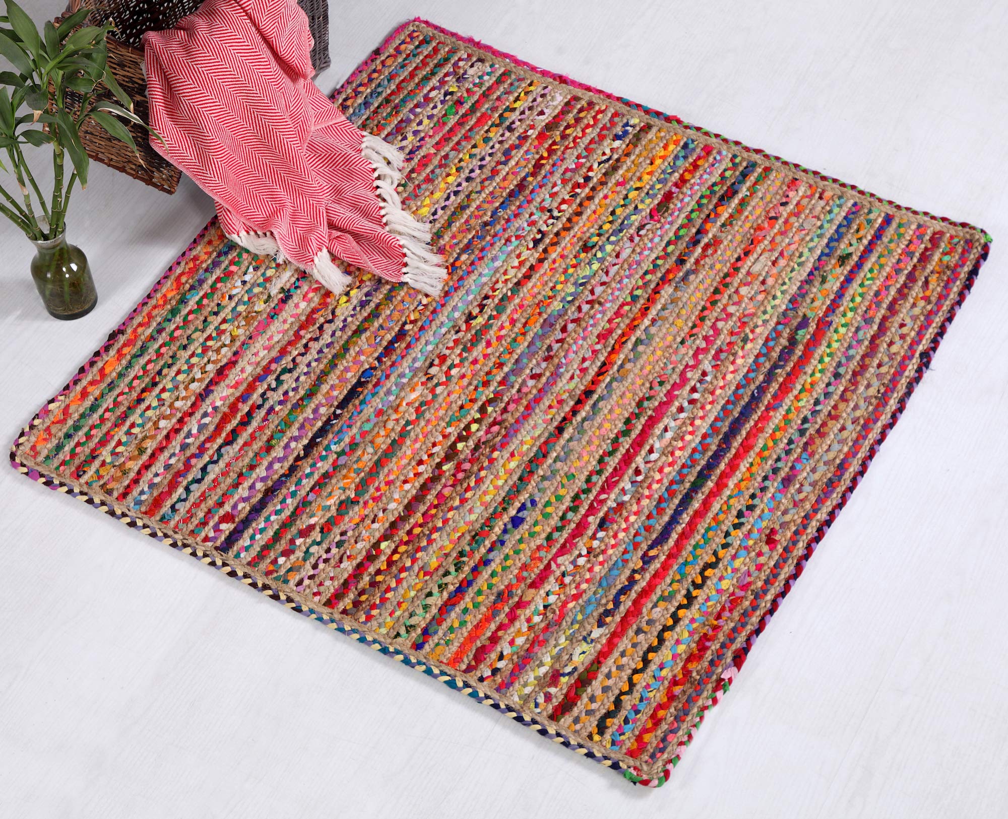 Mishran Eco Friendly Medium Square Braided Rug Flat Weave with Natural Jute and Multi Colour Recycled Material 120 cm x 120 cm