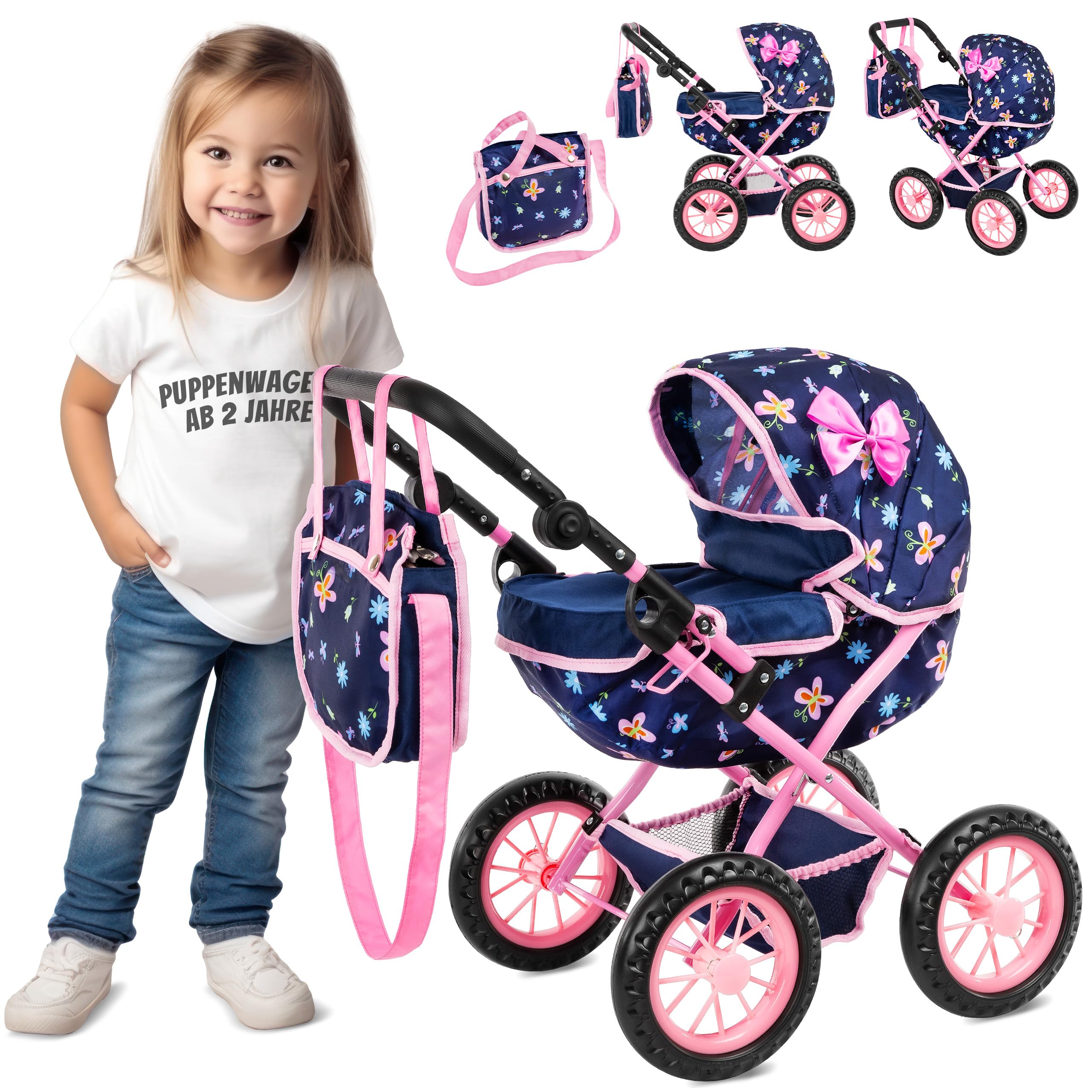 Kinderplay Doll Stroller- Deep Foldable Design with Adjustable Handle and Bag KP0262I