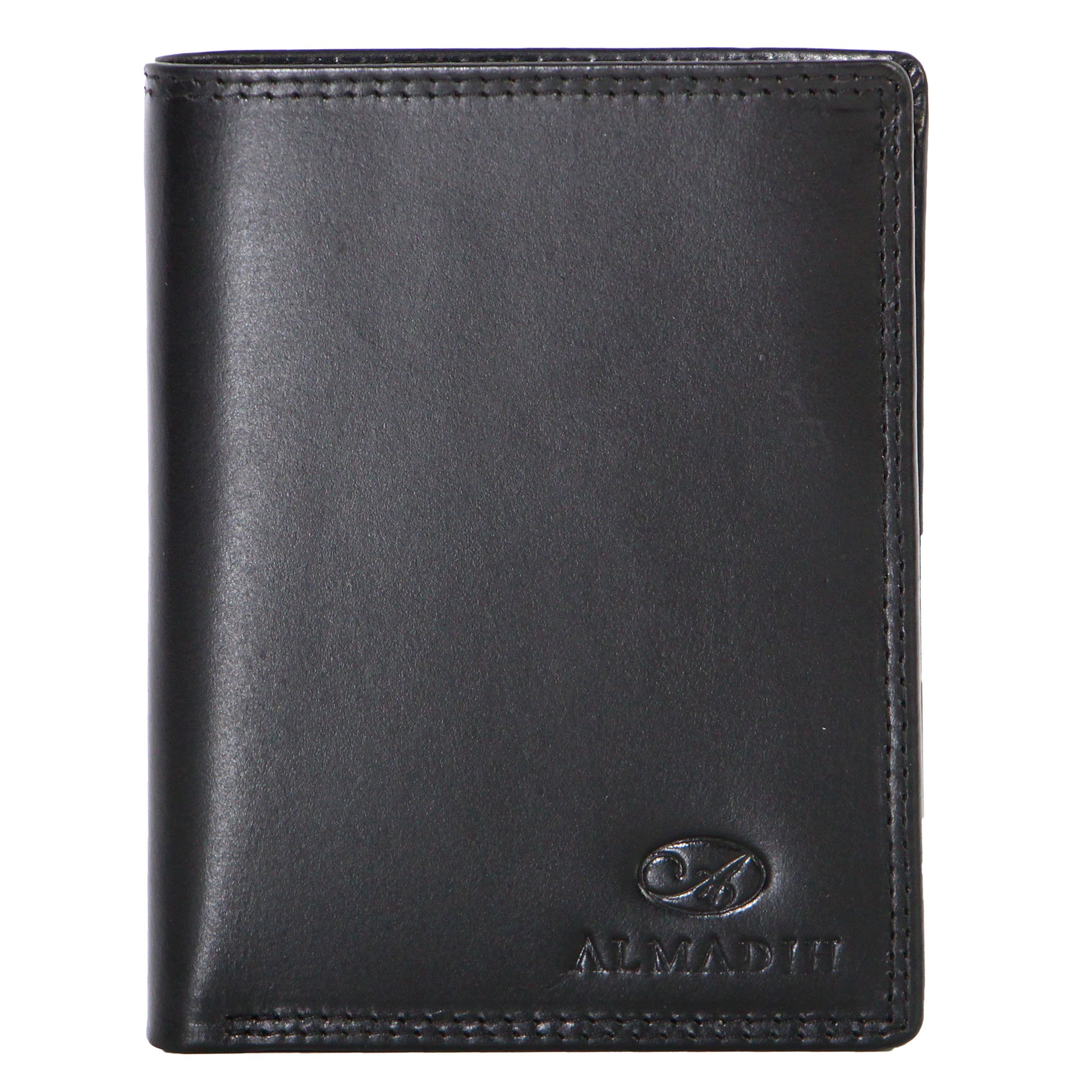 ALMADIH Slim Leather Wallet Vertical Format 12 Card Slots with Gift Box P1H Black Premium Cow Leather - Men Purse Credit Card Case Holder Coin Storage pouche ID Window Note case Genuine (P1H B)