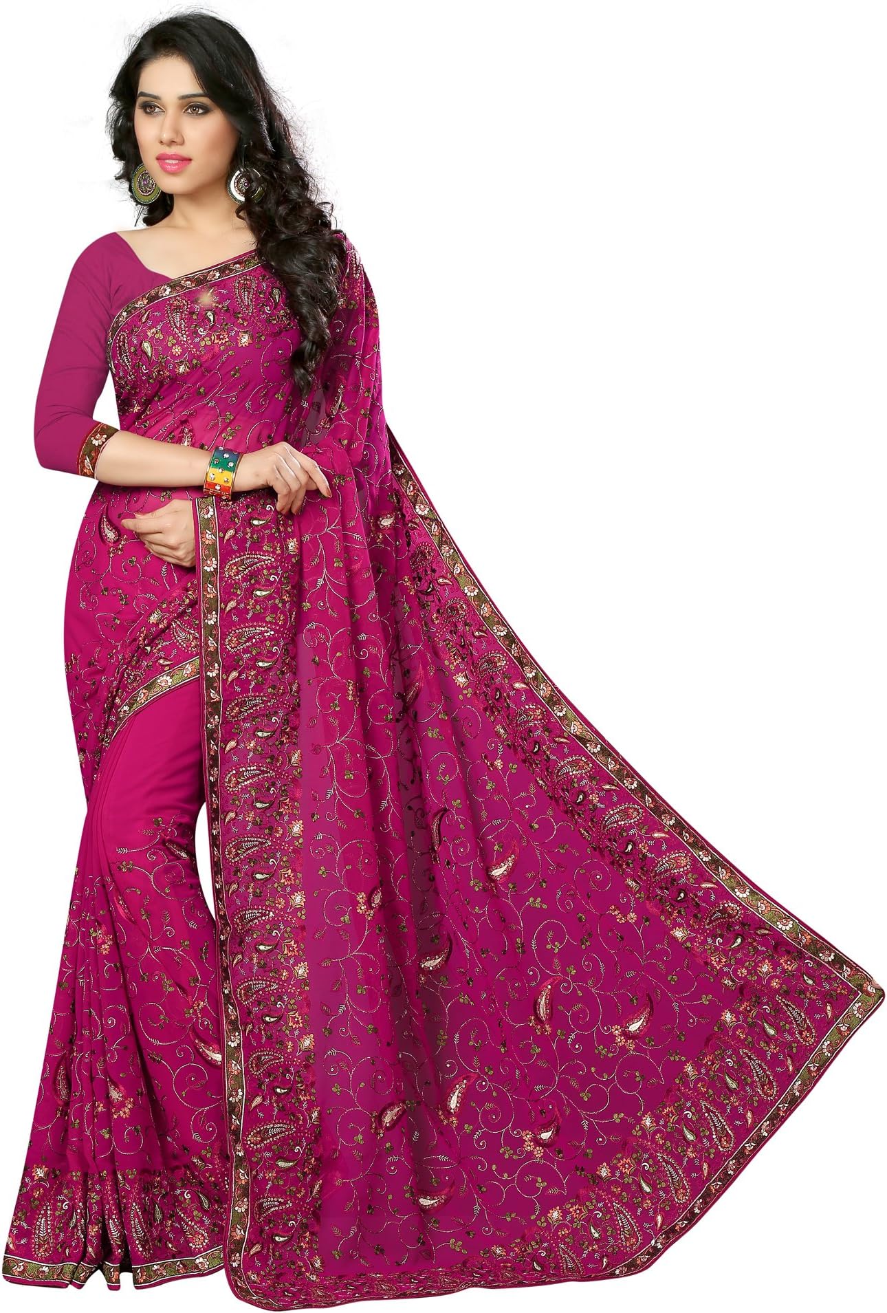 Bollywood Designer Sarei Kashmiri Style Embroidered Indian Wedding Party Saree