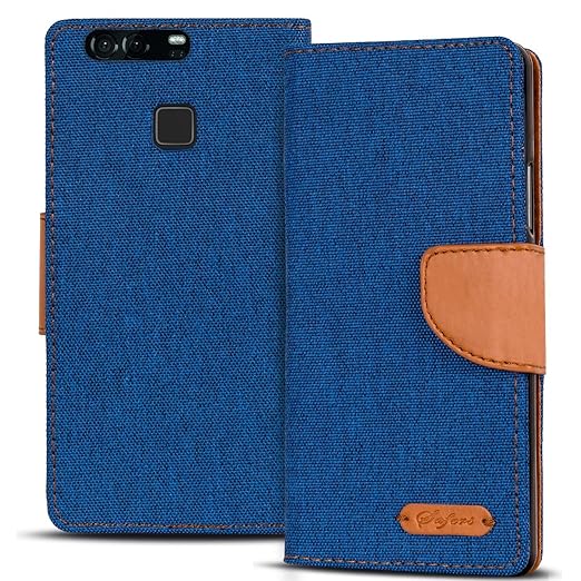 Conie Textil Hülle kompatibel mit Huawei P9, Booklet Cover Blaue Handytasche Klapphülle Etui mit Kartenfächer