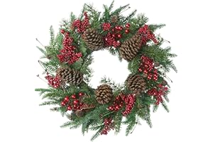 SGGVECSY 22’’ Artificial Christmas Wreath Norfolk Pine Wreath for Front Door with Pine Needles Red Berries Big Pinecones Christmas Decorations for Winter Farmhouse Wall Indoor Outdoor Home Holiday Xmas Decor