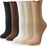 Eyean Womens Merino Wool Ruffle Socks Knit Warm Boot Winter Cozy Thermal Hiking Dress Crew Frilly Socks 5 Pairs