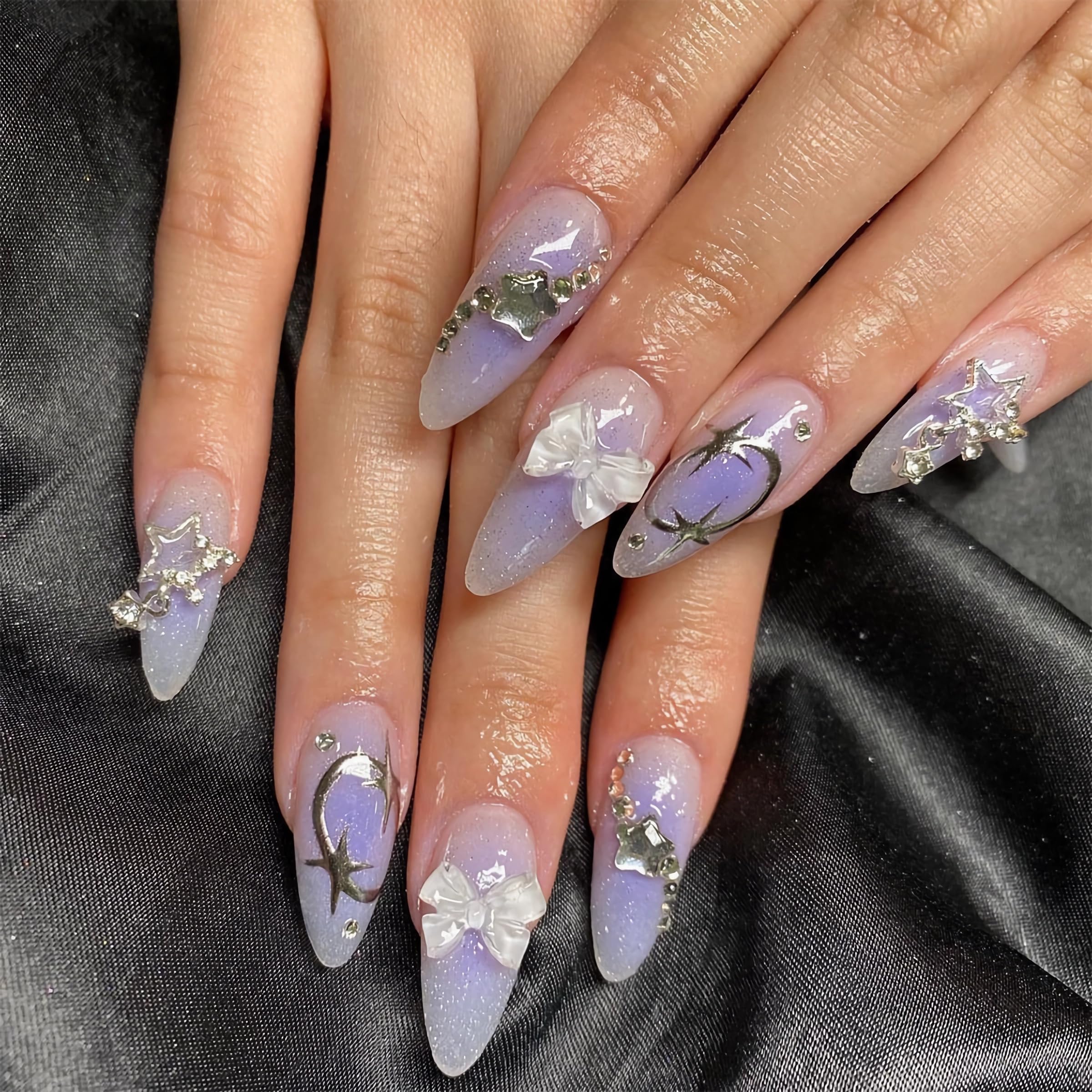BABALAL Almond Shape Medium Purple & White Rhinestone Glitter Acrylic Nails - 24Pcs Stiletto Set Shiny False Nails for Women and Girls