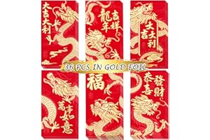 TEMOGOLE Red Envelopes Chinese New Year of The Dragon 2024,红包,Lucky Money Envelopes for Lunar New Year, Hongbao with 6 Gold Embossed Patterns 36Pcs Large