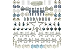 ITART 115pcs Christmas Tree Ornaments Assortment Dusty Blue Cream Gold Including Star Tree Topper Balls Large Snowflakes Pine Cone Gift Nutcracker Figurines Bead Garland for Christmas Tree Decor