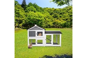 Lifeand 56.7''L Rabbit Hutch with Pull Out Tray, Ramp, Lockable Doors,Wooden Small Animal House,Outdoor or Indoor,Gray+White