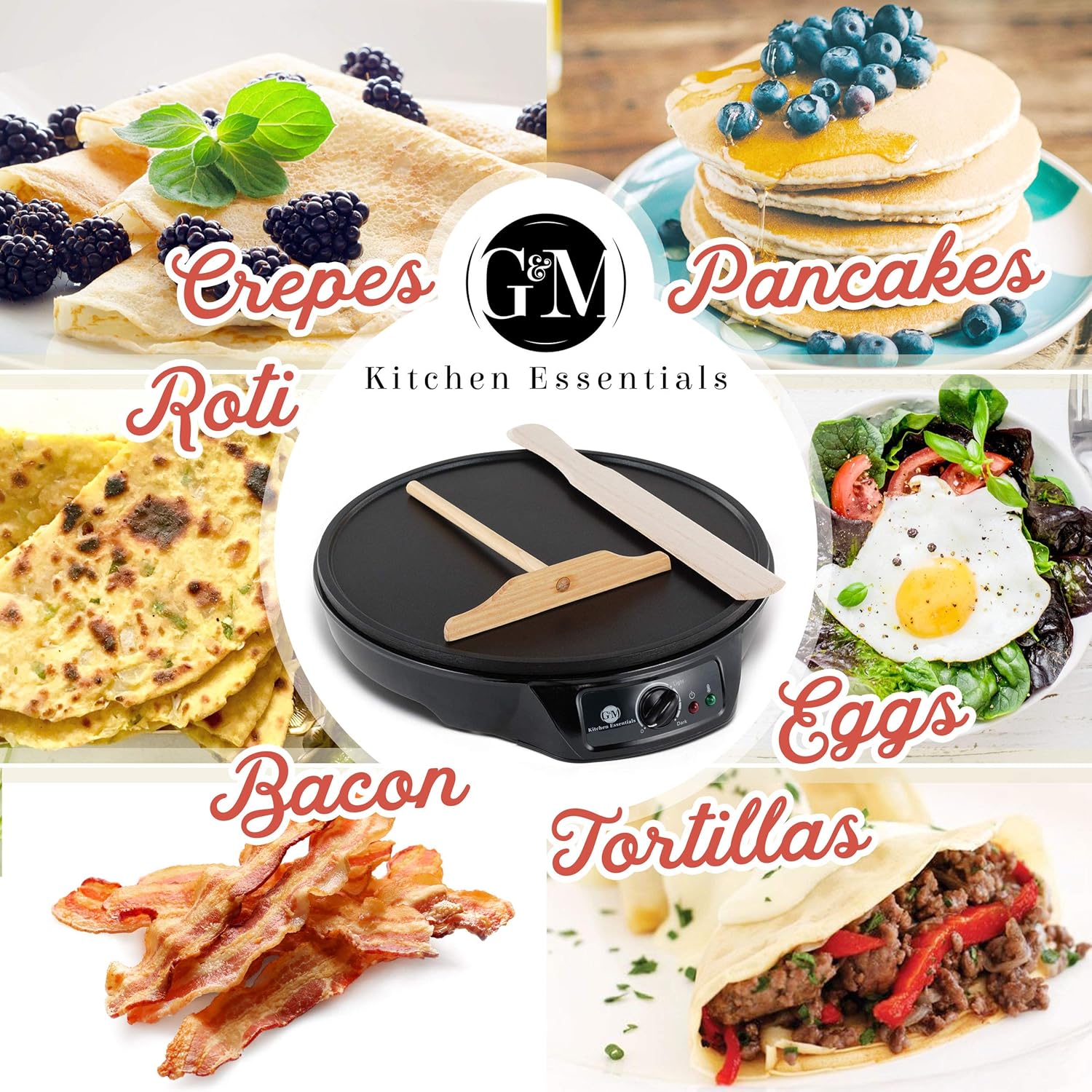 Amazon.com: Crepe Maker Machine Pancake Griddle - Nonstick 12" Electric  Griddle - Pancake Maker, Batter Spreader, Wooden Spatula - Crepe Pan for  Roti, ...